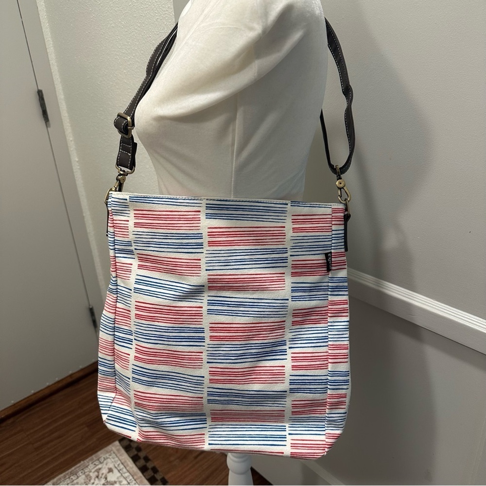 Maika Crossbody Upcycled Canvas Tote Bag with Red, Blue, and White Stripes